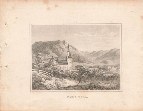 Mariazell Styria in Austria original steel engraving around 1840 