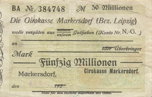 Markersdorf district Leipzig Fifty million marks check 1923 emergency money