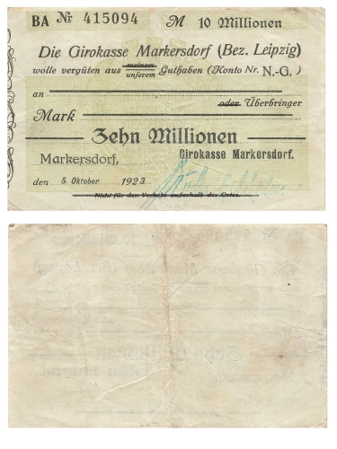 Markersdorf Bez. Leipzig Zehn Millionen Mark Scheck 1923 Notgeld