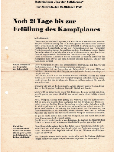 Material zum "Tag der Aufklärung" 18. Oktober 1950 Kampfplan DDR Propaganda