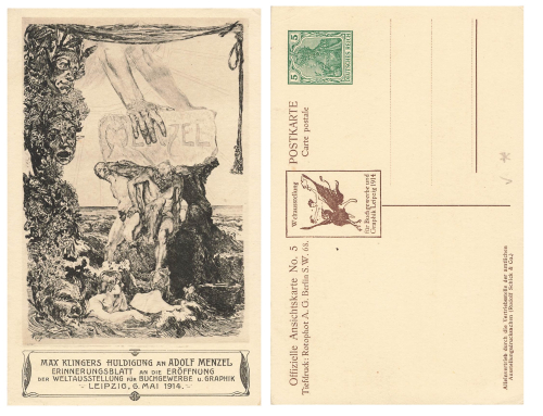 Max Klinger's homage to Adolf Menzel private postal stationery PP27C249 Leipzig World Exhibition for the Book Industry 1914 *