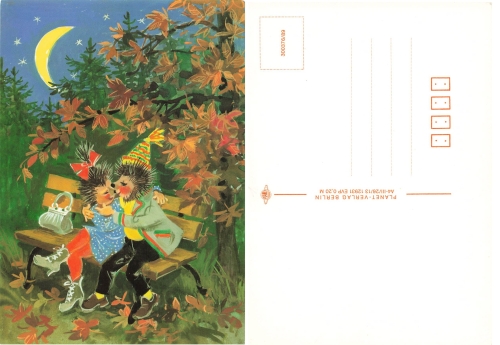 Hedgehog Kiss No. 129031 Mecki card around 1989 GDR edition, Planet-Verlag