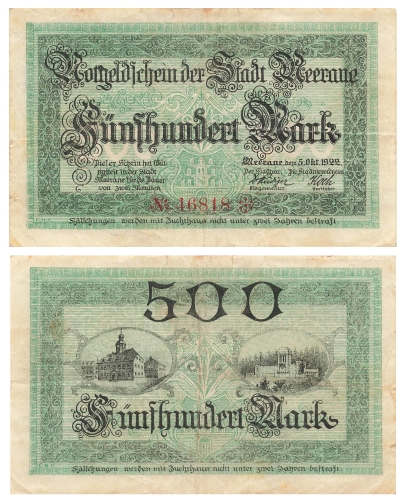 Meerane 500 Five hundred marks October 5, 1922 emergency money