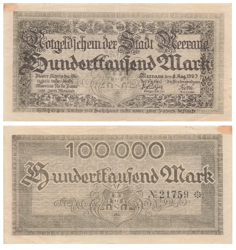 Meerane Hunderttausend Mark 1923 Notgeld