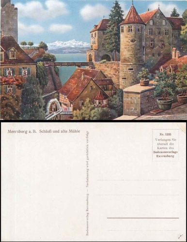 88709 Meersburg Lake Constance Castle and Old Mill artist card *approx. 1930