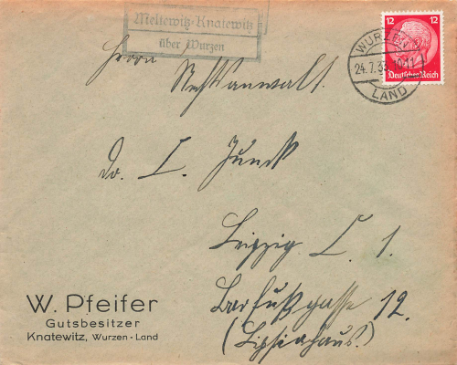04808 Meltewitz-Knatewitz über Wurzen Landpoststempel Lossatal  o Wurzen Land 24.7.1933