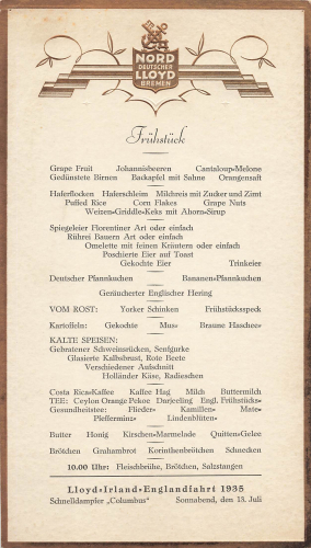 Menu card steamer "Columbus" 07/13/1935 LLOYD Ireland - trip to England