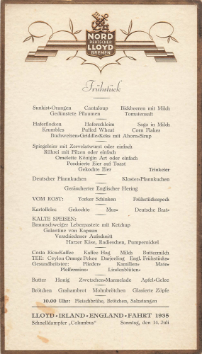 Menu steamer "Columbus" 14.07.1935 LLOYD Ireland - England trip