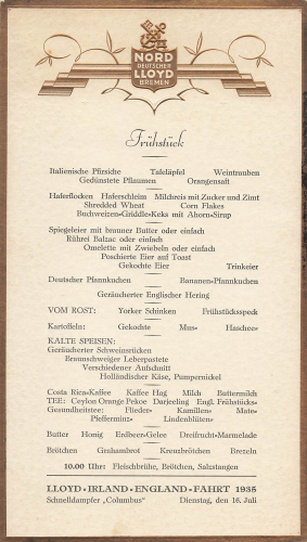Menu card steamer "Columbus" 16.07.1935 LLOYD Ireland - England trip