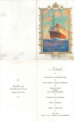 Menu card steamer "Columbus" 21.5.1934 North German LLOYD Bremen