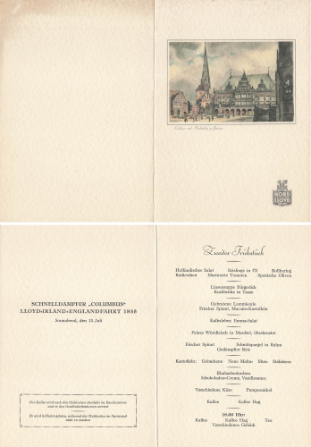 Menu card steamer "Columbus" 07/13/1935 LLOYD Ireland - trip to England