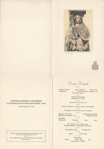 Menu card steamer "Columbus" 18.07.1935 LLOYD Ireland - England trip