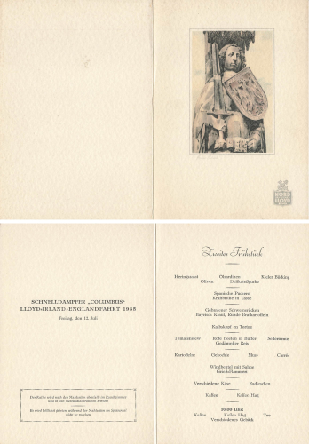 Menu card steamer "Columbus" 07/12/1935 LLOYD Ireland - England trip