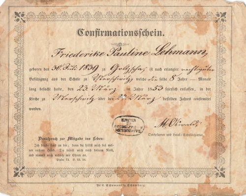 Merschwitz Confirmationsschein 1853