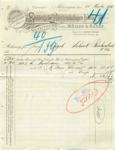 72555 Metzingen South German tin can factory Muller & Bauer letterhead 1913