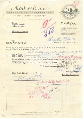 Metzingen Muller & Bauer Blechemballagenfabrik Tin can letterhead 1943