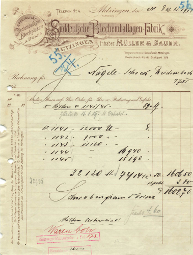72585 Metzingen Süddeutsche Blechemballagen Fabrik Müller & Bauer Briefkopf 1918