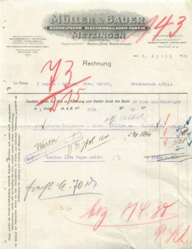 72555 Metzingen Muller & Bauer South German tin packaging factory letterhead 1930