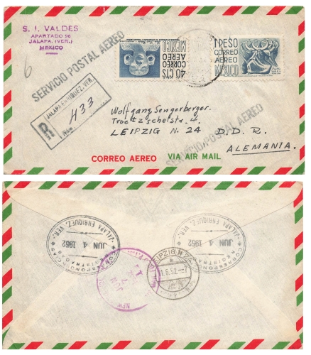 Mexico Correo Aero R letter o Jalapa June 4, 1952 to Leipzig