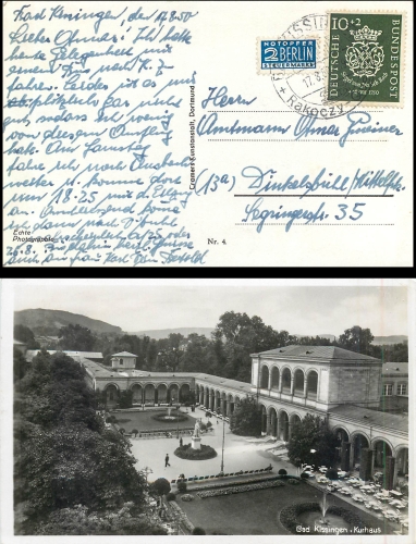 Michel 121 BRD single franking with emergency sacrifice Berlin on Bad Kissingen postcard o August 17, 1950