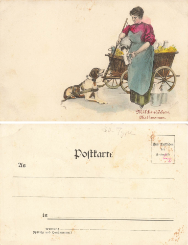 Milkmaid with dog cart Litho * around 1900