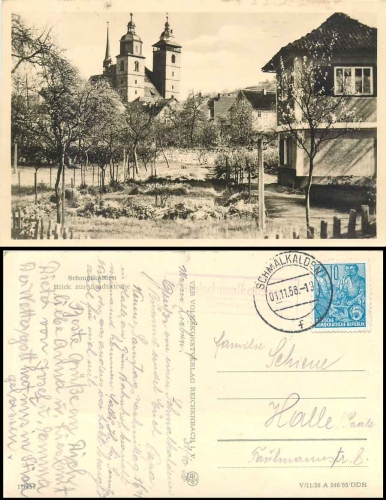 98574 Mittelschmalkalden about Schmalkalden country postmark on postcard o 1.11.1958