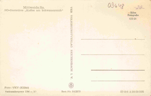 Mittweida Sachsen HO Gaststätte Kaffee am Schwanenteich * 1958