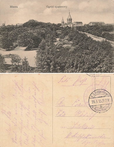 Mlawa Ogrod spacerowy Feldpost Landwehr Infantry Regiment 101 20.3.1915 Kops Zastrow