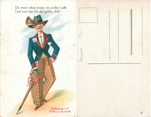 Neujahrskarte Humor Großer Laffe, Größte Affe * ca. 1930