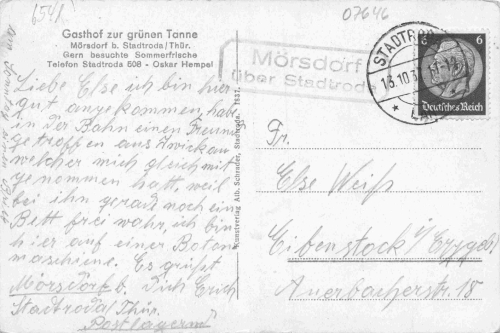 07646 Mörsdorf, Thuringia – Gasthof zur Grünen Tanne – Rural postmark: Mörsdorf via Stadtroda, 1937.