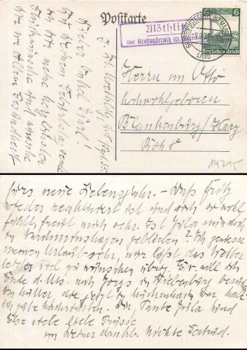 14715 Moethlitz via Grosswusterwitz (district Magdeburg) country postmark on postcard o 9.9.1935