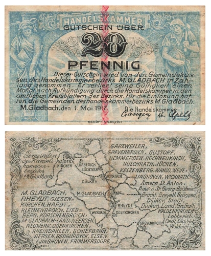 Monchengladbach 20 Pfennig Gutschein 1917 Notgeld