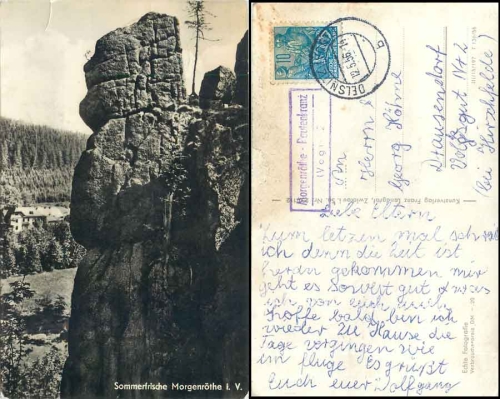 08262 Morgenroethe Rautenkranz (Vogtl) 2 country postmarks on postcards o 12.5.1956