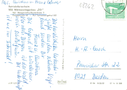 Morgenröthe-Rautenkranz Vogtland Betriebsferienheim VEB Wäremanlagenbau "DSF" o 1984