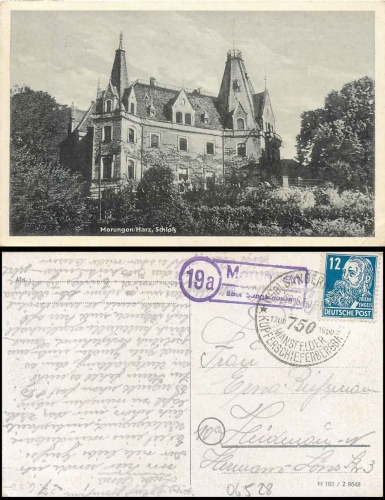 06526 Morungen about Sangerhausen 19a country postmark on postcard o 28.6.1950