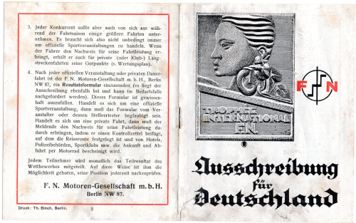 Motorcycle Trophy International F.N. Motoren Gesellschaft tender booklet 8 pages around 1920
