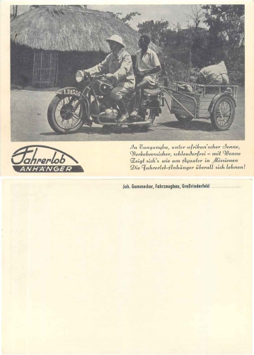 Fahrerlob Motorrad mit Anhänger *ca. 1940