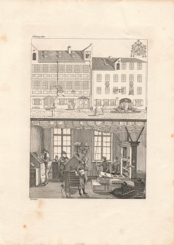 Munich Farbergraben original copperplate engraving with letterpress around 1810
