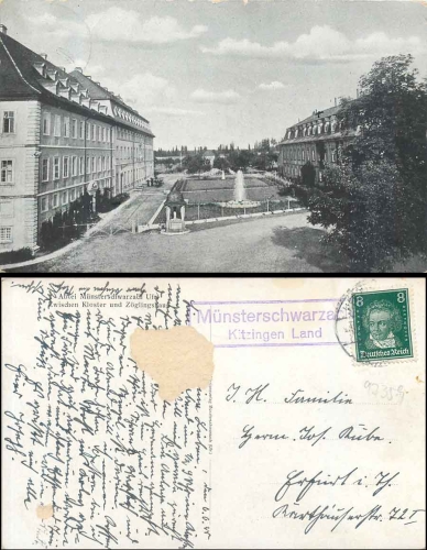 97359 Muensterschwarzach Kitzingen country country postmark on postcard o 6.6.1928