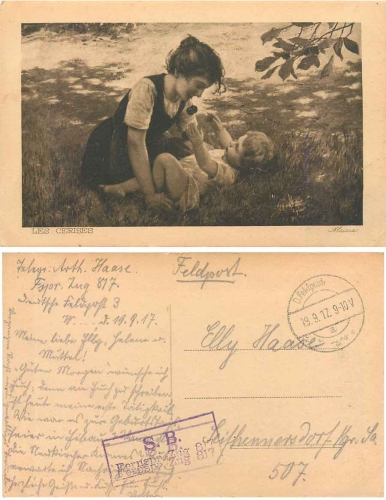 Mother with child artist card Alsina field post stamp telephone train 817 o 19.9.1917