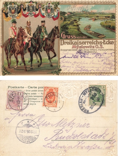 Myslowice Upper Silesia Three Empires Corner Embossed Lithograph Railway Post Breslau Myslowice Train 230 o 1905