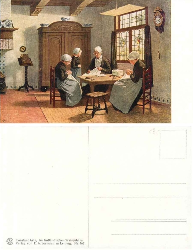 Housework sewing room, woman sewing artist card Artz *ca. 1920