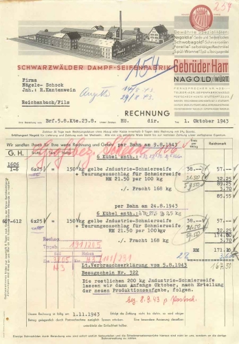Nagold letterhead soap factory Gebr. Harr 1940