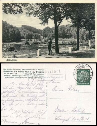 Neanderthal via Wuppertal-Vohwinkel country postmark on postcard 4.8.1938