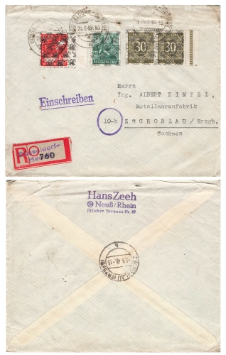 Allied occupation network imprint with 2x Michel 63 II on R-letter Düsseldorf Heerdt August 24, 1948 to Zschorlau
