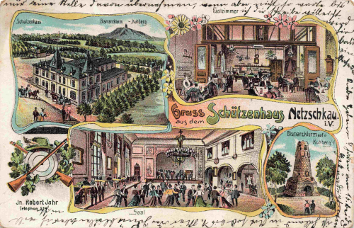 Netzschkau (Vogtland) Schützenhaus "Greetings from..." – Lithograph, c. 1909