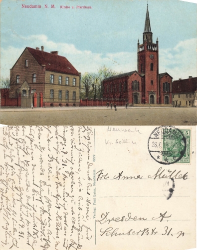 Neudamm Neumark Kirche mit Pfarrhaus Debno o 28.8.1915