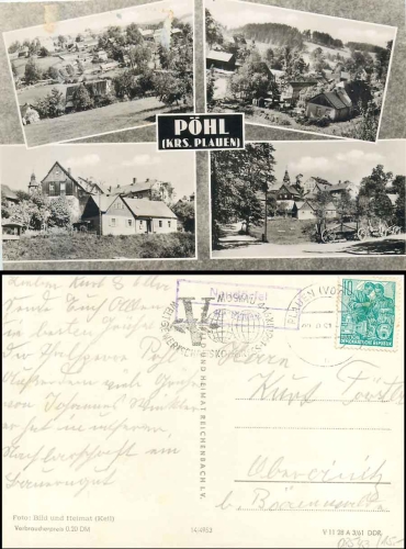 08543 Neudoerfel district of Plauen country postmark on postcard Poehl o 22.9.1961