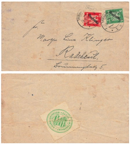 New imperial eagle 5 and 10 pfennig official stamp Michel 106 107 on court letter o Kötzschenbroda September 24, 1927