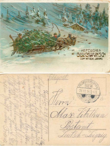 Neujahrskarte Pferdeschlitten, o 29.12.1914
